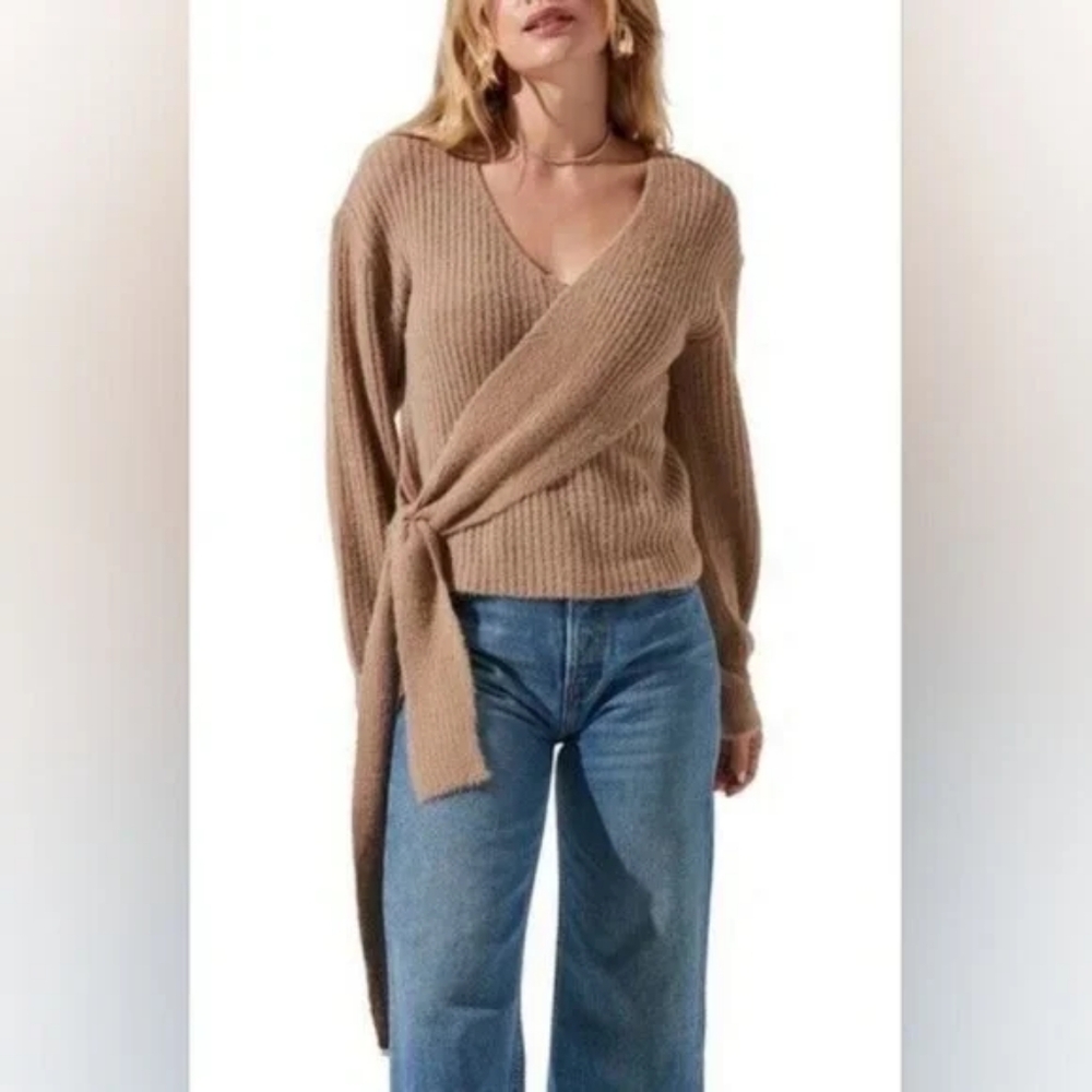 Astr Wrap-Style V-Neck Wool & Nylon Sweater